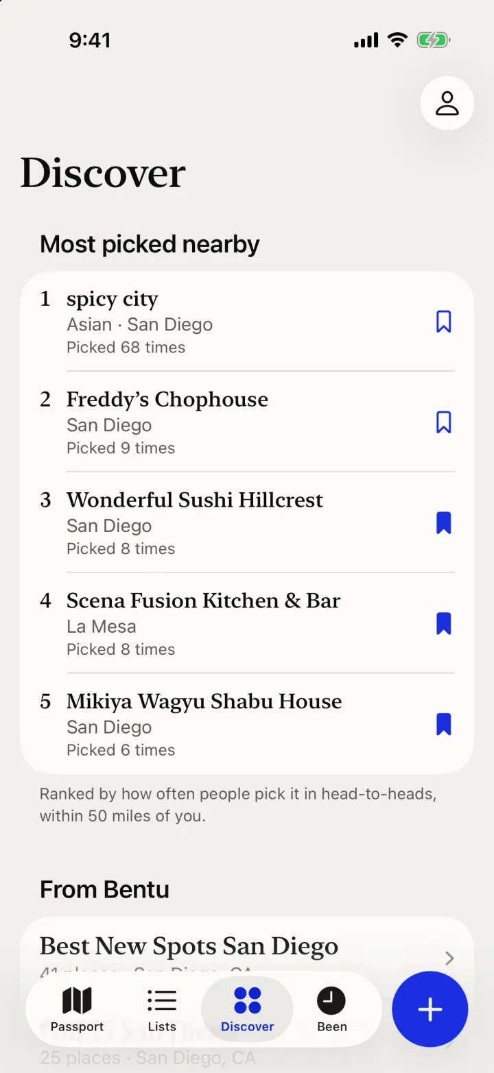 Discover: the places most picked nearby, in order