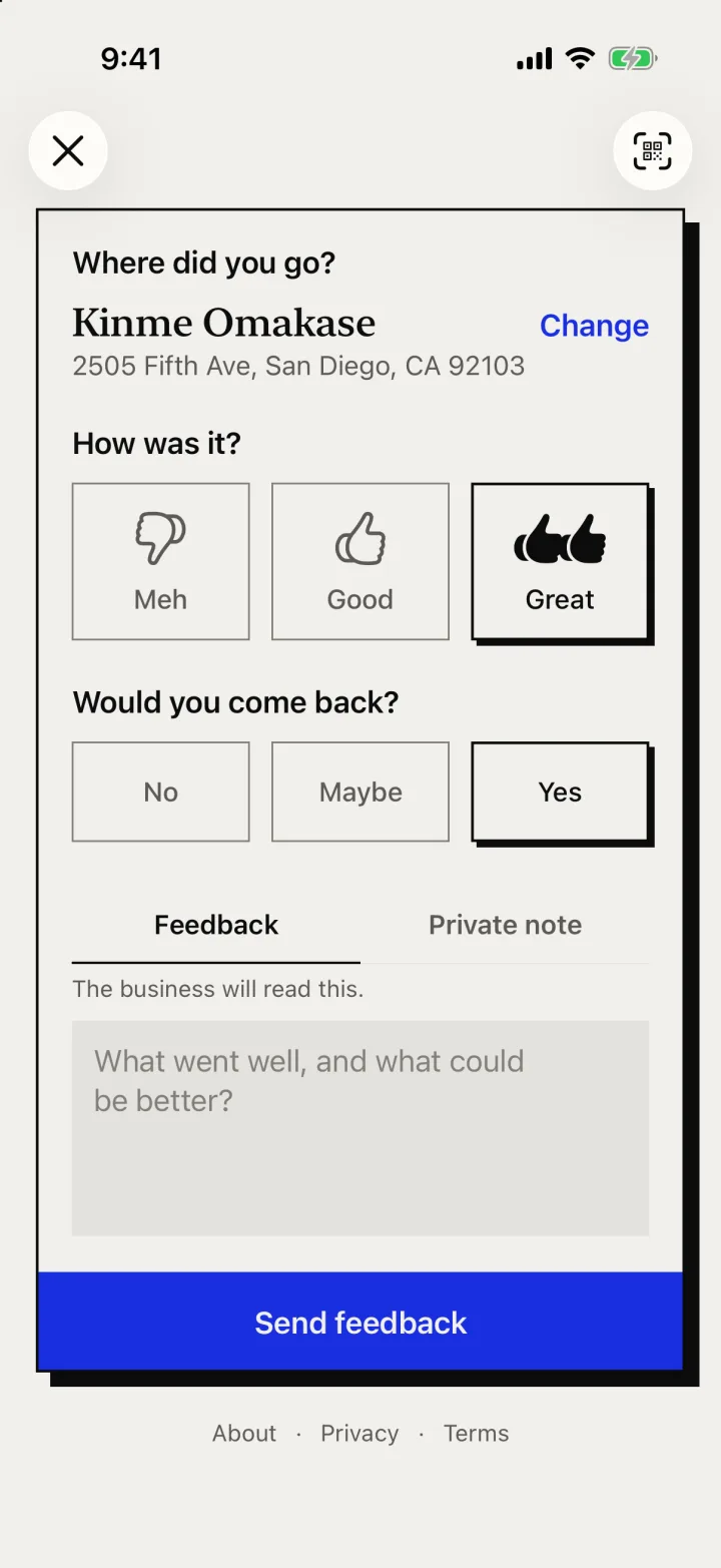 The feedback form: where you went, Meh, Good or Great, and a few words for the business